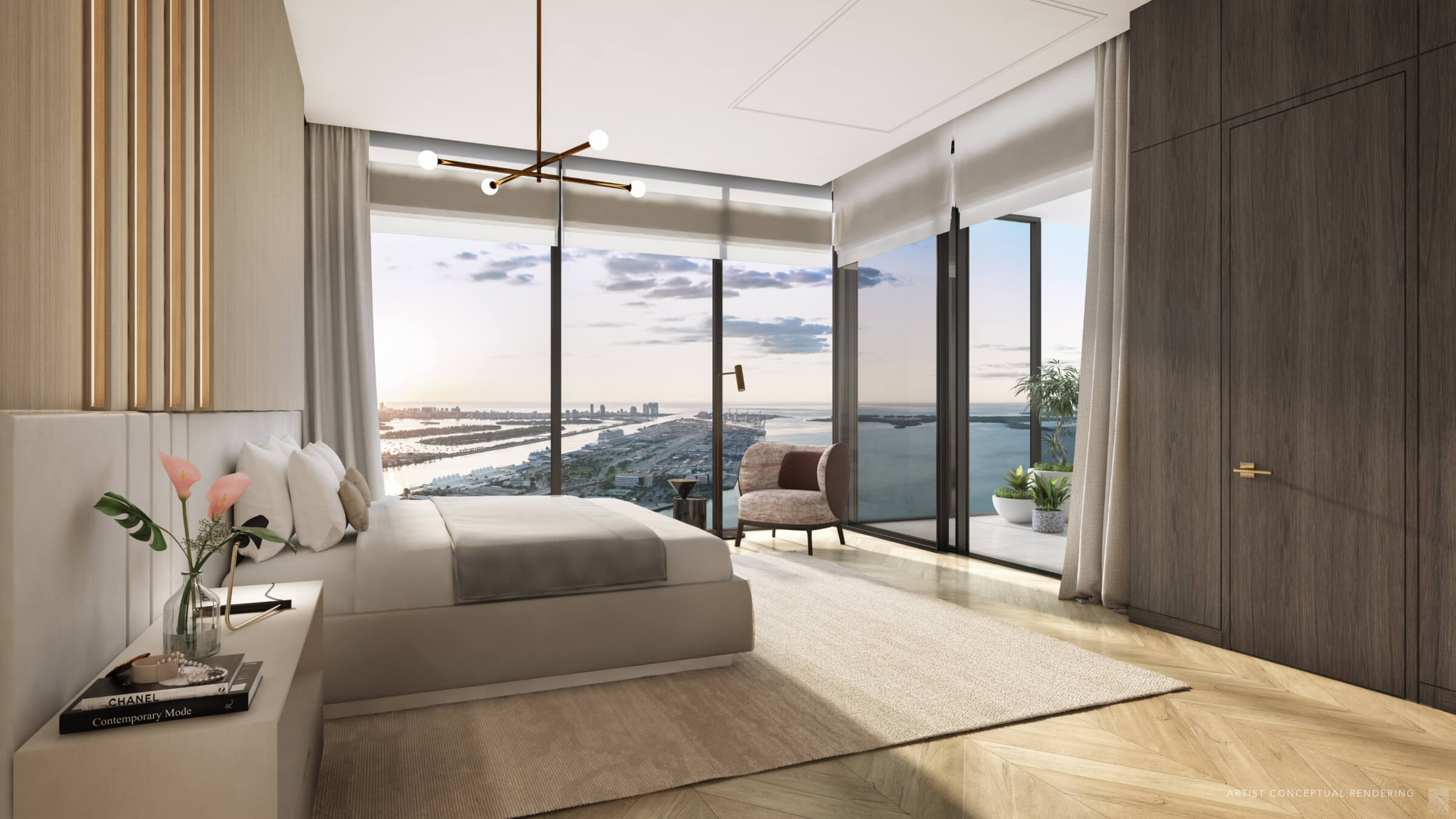 Waldorf Astoria Miami master bedroom with floor-to-ceiling windows