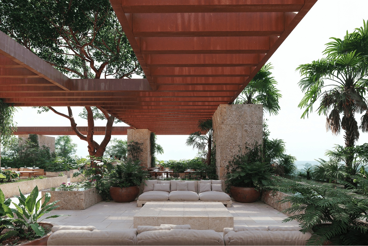 Ziggurat Coconut Grove amenity level rendering with biophilic planting and natural stone