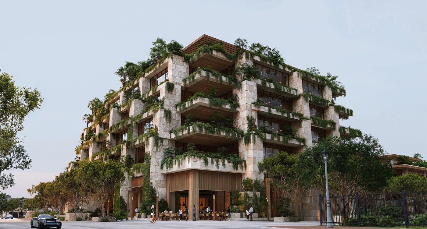 Ziggurat Coconut Grove rendering of the stepped terraced facade and open-air paseo on Grand Avenue