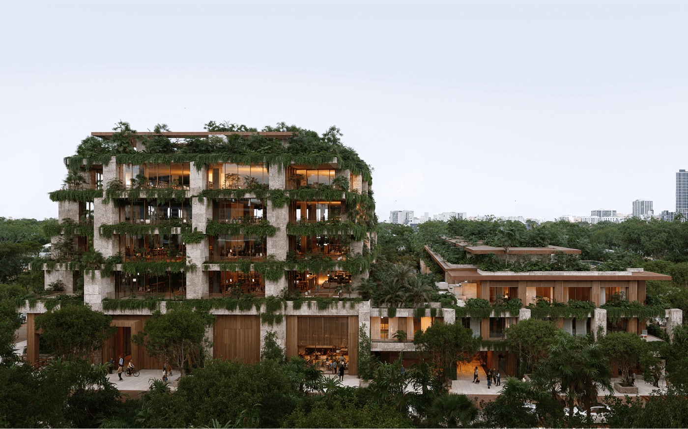 Ziggurat Coconut Grove massing rendering showing the stepped residential and office buildings at Grand Avenue and Matilda Street