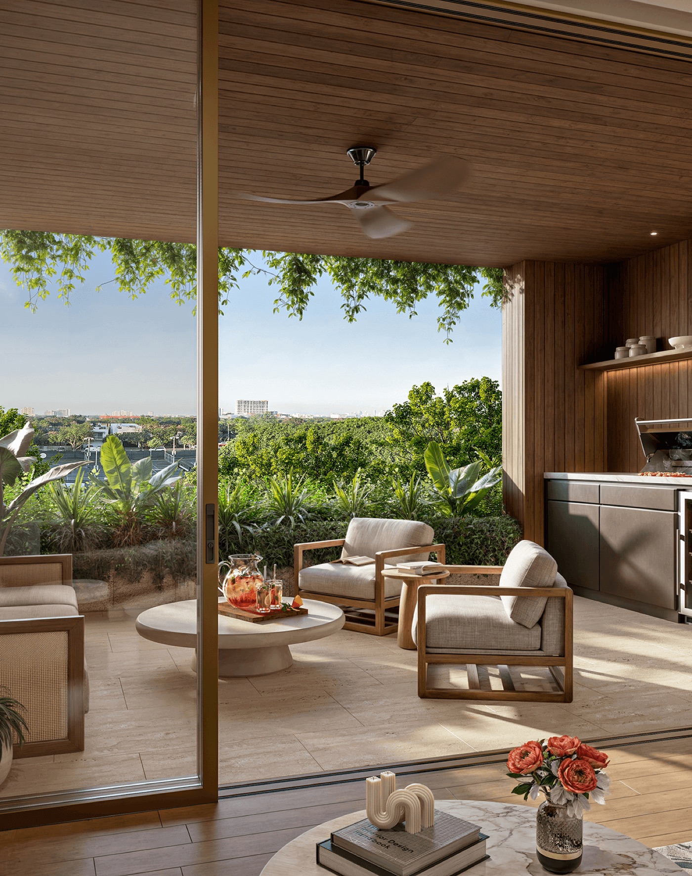 Ziggurat Coconut Grove terrace rendering showing a 12-foot-deep terrace with summer kitchen