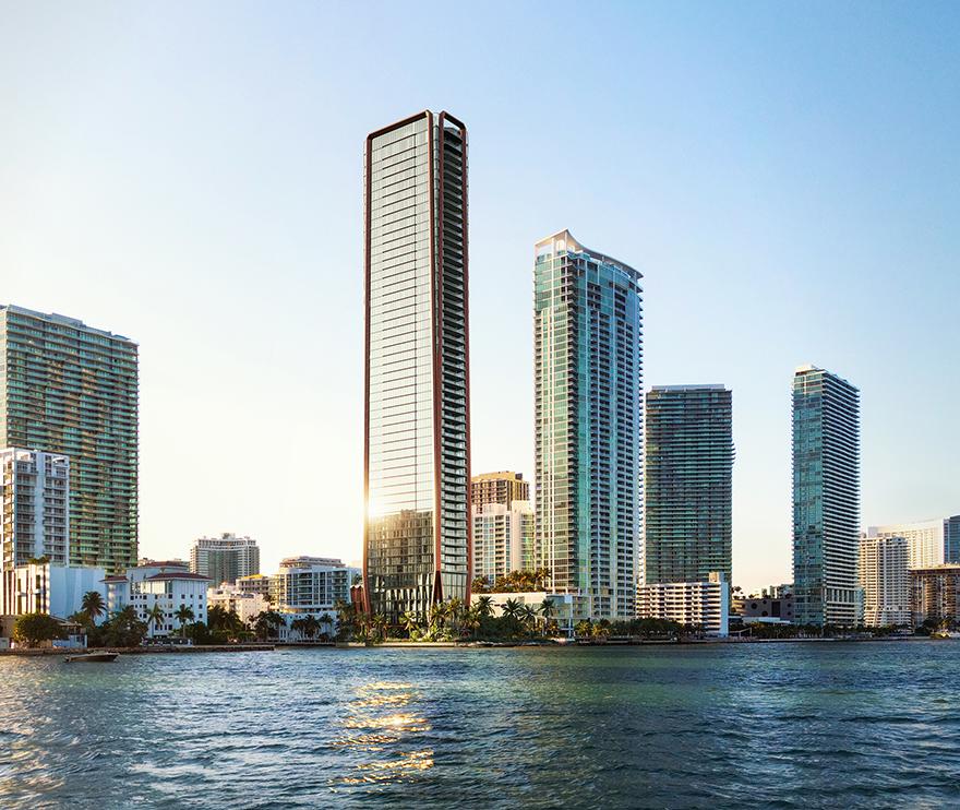 Rendering of Villa Miami, the slim copper-clad 56-story branded tower rising over Biscayne Bay in Edgewater