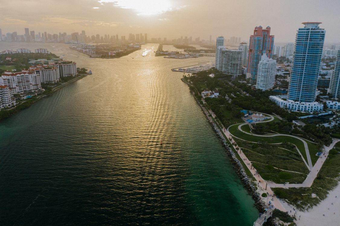 Aerial view of Fisher Island at Government Cut, Miami Beach, where The Mansions single-family homes are under construction in 2026