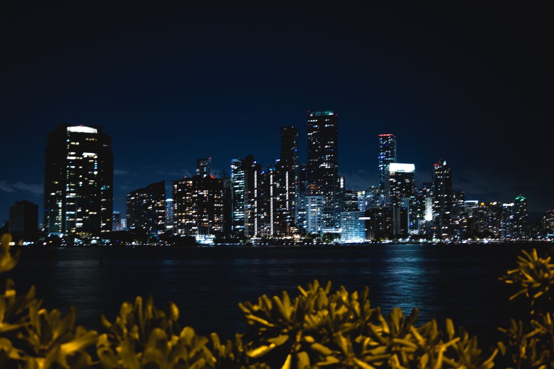 Miami downtown skyline at night over Biscayne Bay, the market where $1 million-plus home sales rose 14.7 percent in May 2026