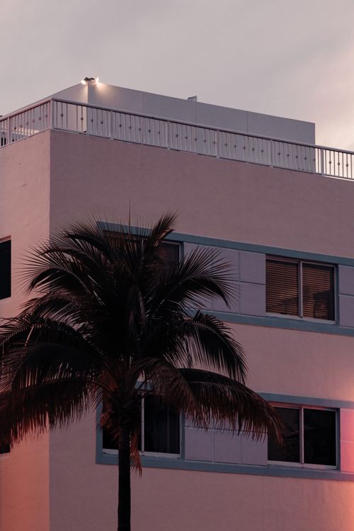 A Miami Beach Art Deco building at dusk with a palm tree, an older property type where insurance and reserve costs give buyers real negotiating room