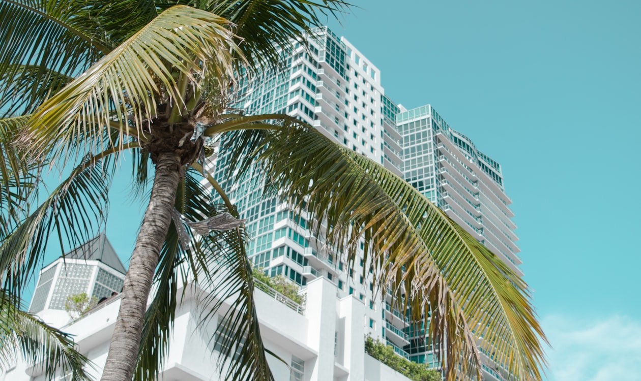 White glass luxury condo tower against a clear Miami sky, the branded pre-construction segment now expanding into North Bay Village on Biscayne Bay