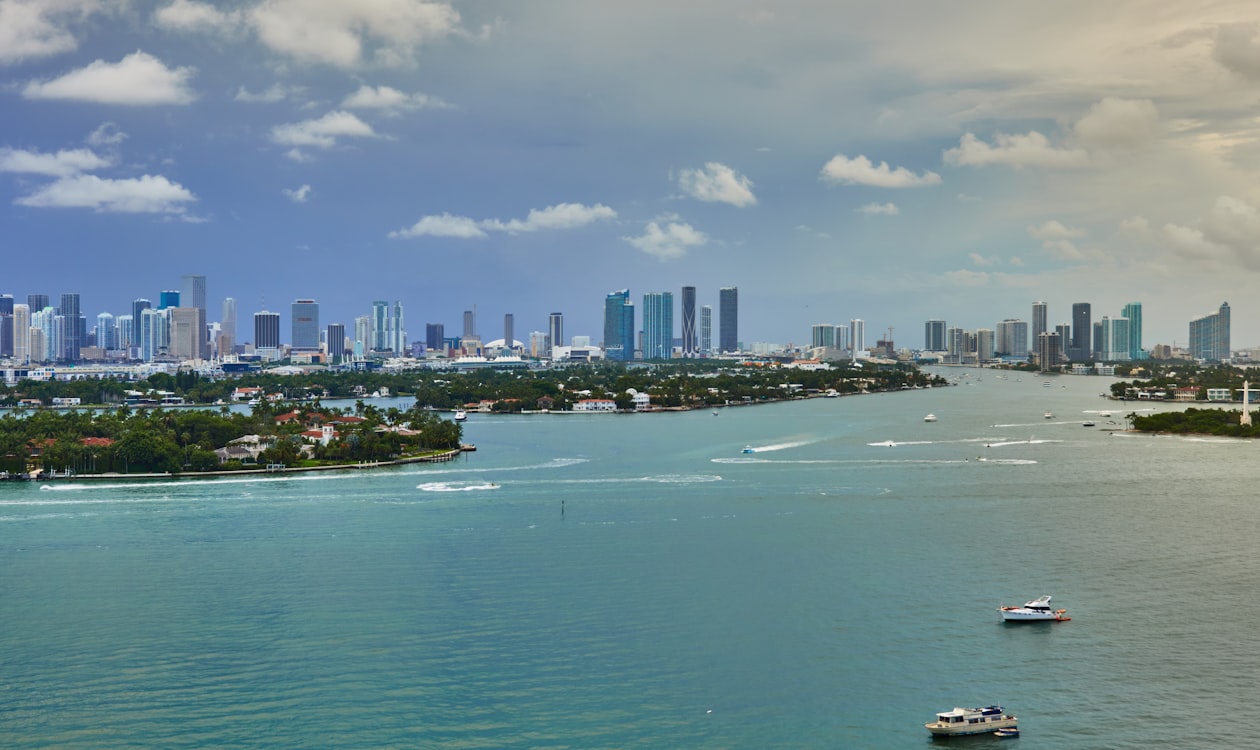 Biscayne Bay with Miami Beach island estates in the foreground and the Miami skyline behind