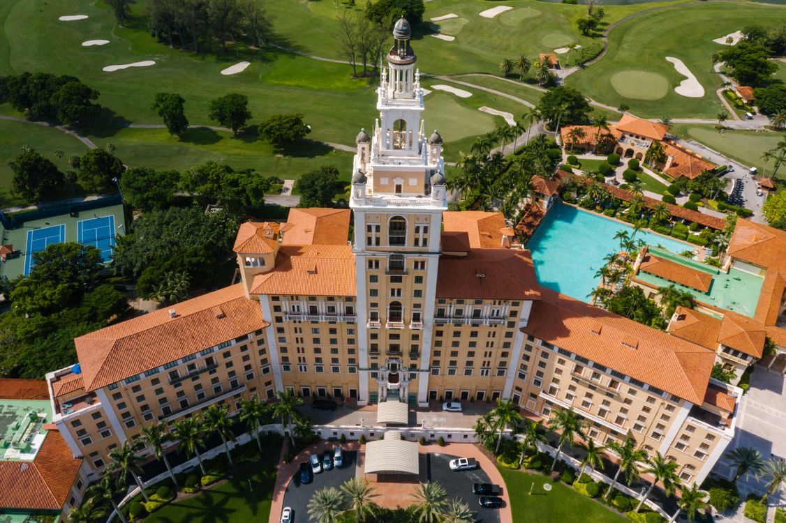 Aerial view of the Biltmore Hotel in Coral Gables, a symbol of Miami's luxury market where the typical top-tier home costs $4.9 million