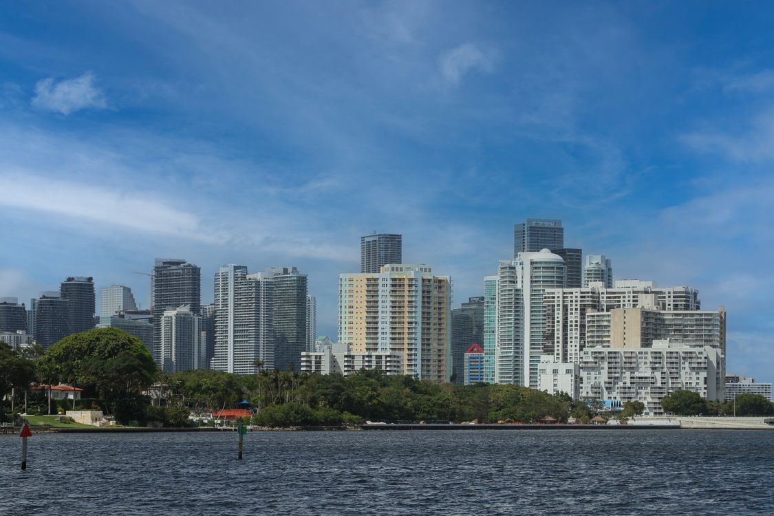 Brickell condominium towers seen across Biscayne Bay in Miami on a clear day