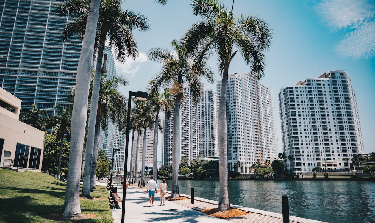 Riverwalk and condominium towers along the water in Brickell, Miami