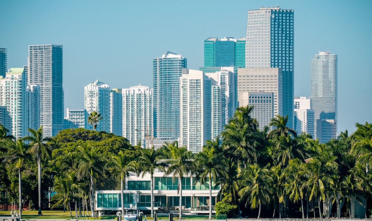 Bayfront condominium towers in Edgewater and downtown Miami seen from Biscayne Bay