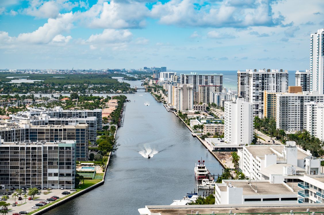 Aerial view of oceanfront condominium towers along the Intracoastal Waterway in Hollywood, Florida