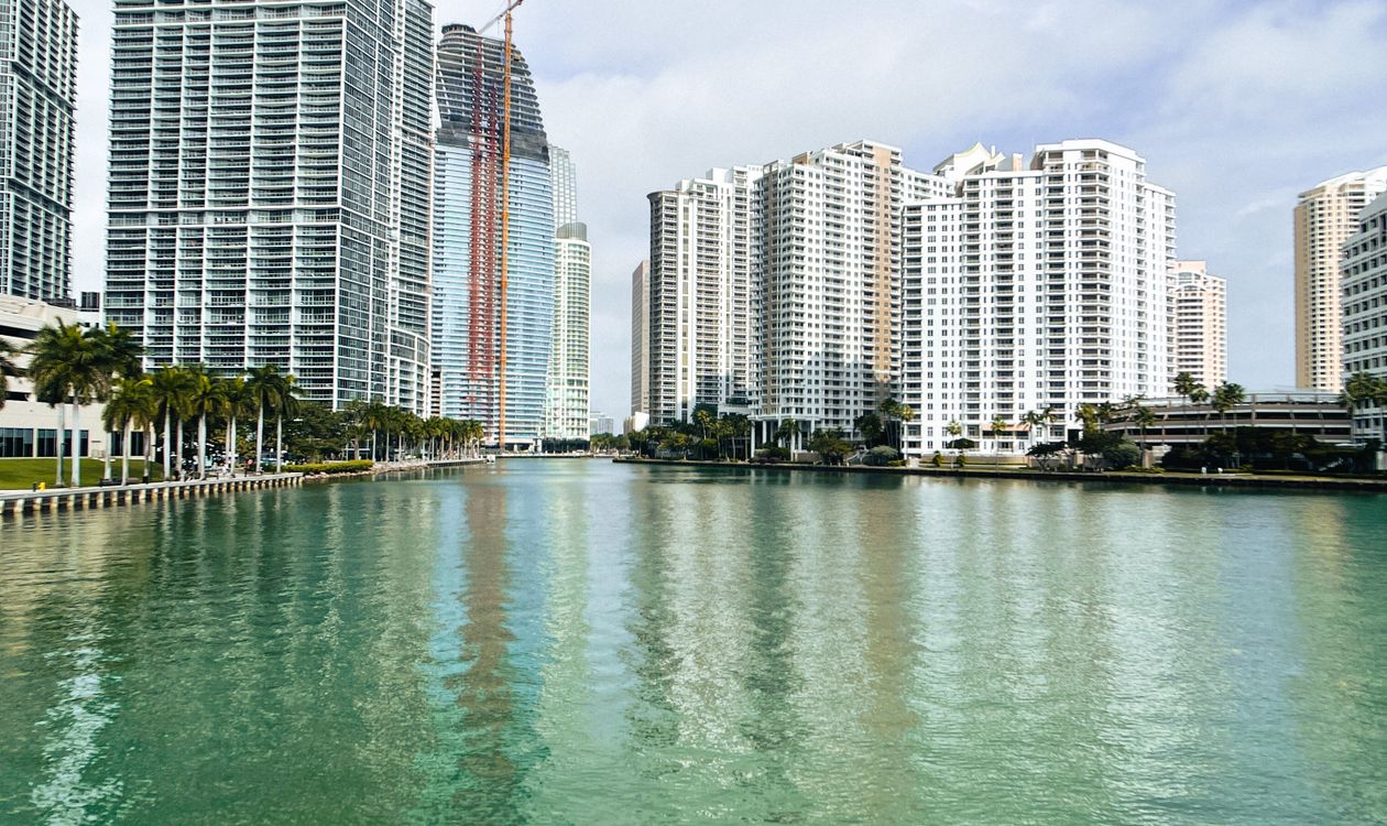 Brickell Avenue condominium towers along the Biscayne Bay waterway in Miami, Florida