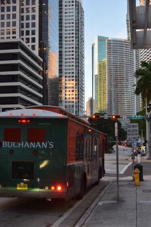 Street level in downtown Miami at SE 8th Street with Brickell condominium towers rising behind