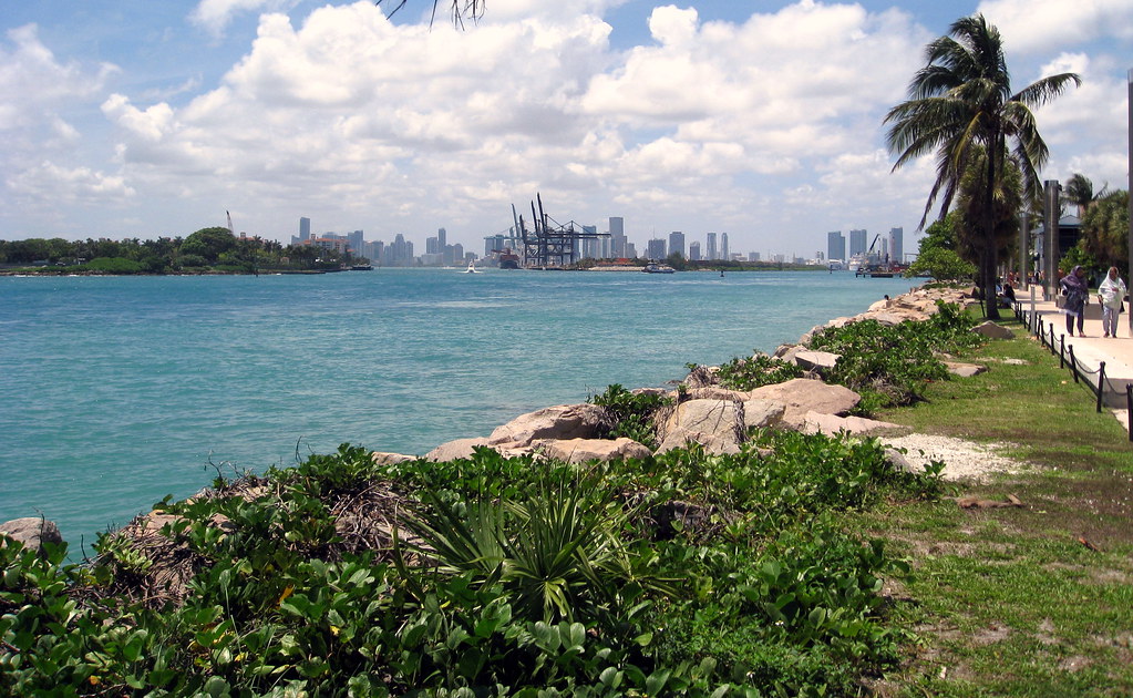 South Pointe Park waterfront walkway at the southern tip of South Beach with the Miami skyline across Government Cut