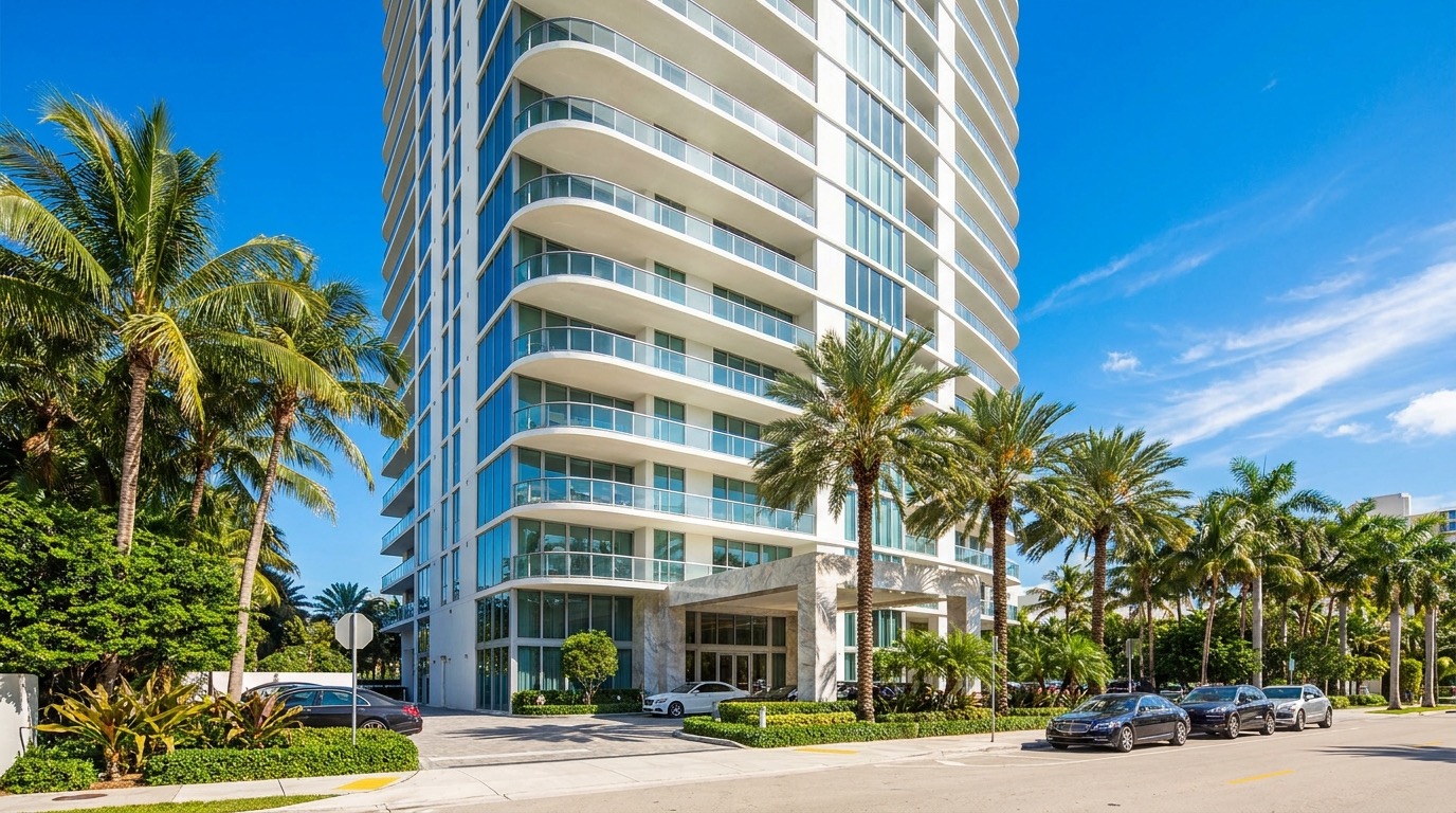 Street-level view of a modern white-glass luxury condominium tower with curved balconies and tropical landscaping under a bright Miami sky
