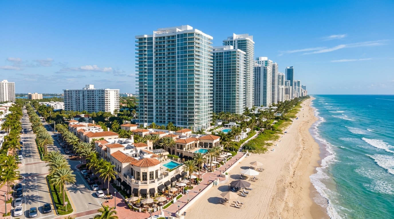 Aerial view of oceanfront luxury condo towers in a Bal Harbour style enclave fronting a wide Atlantic beach with an upscale low-rise promenade nearby