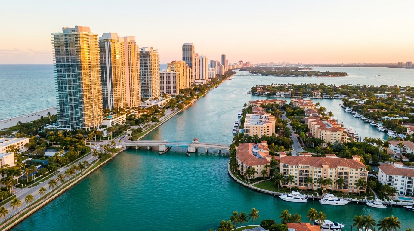 Aerial view of two adjacent Miami waterfront enclaves: oceanfront luxury condo towers on one side and a low-rise bay island neighborhood with private docks on the other, separated by a channel and bridge