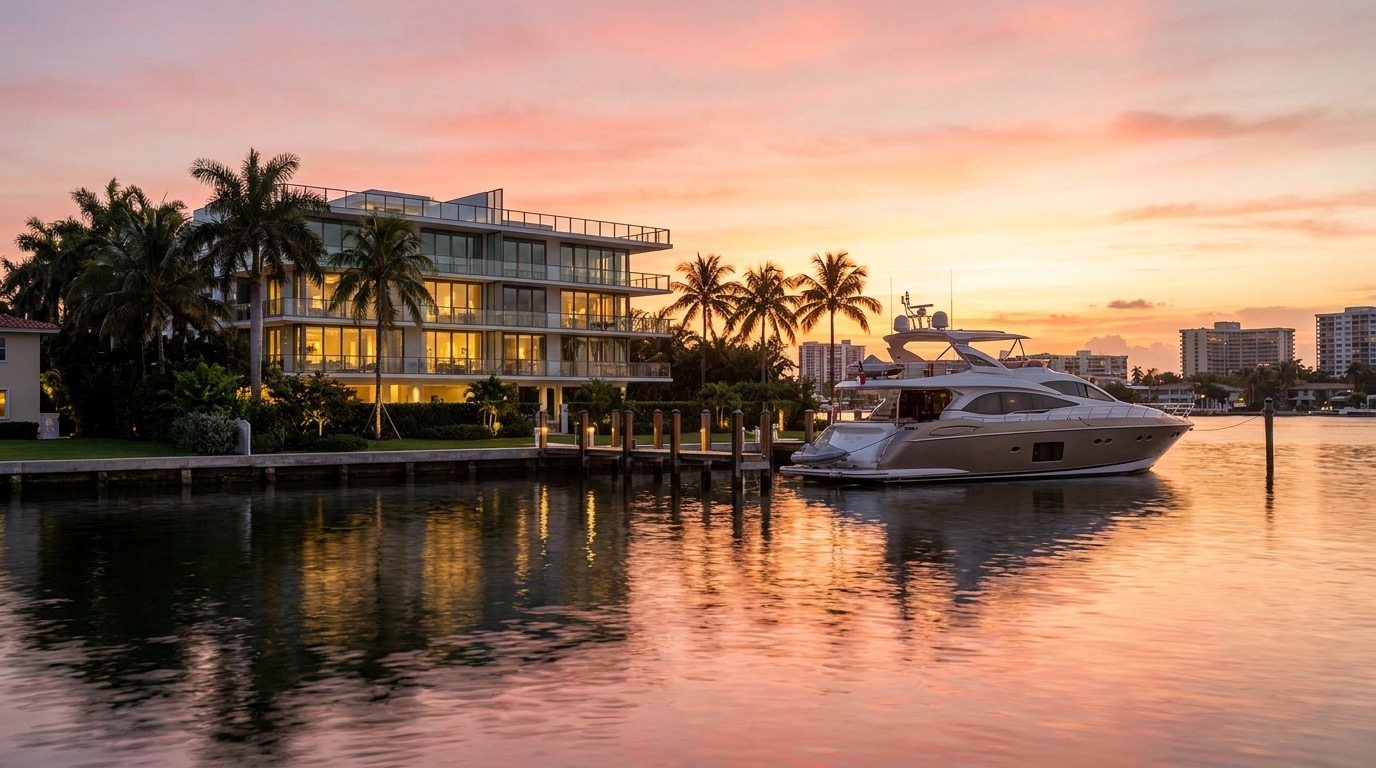 Bay Harbor Islands style intracoastal bay at sunset with a private dock, a moored yacht, and a contemporary boutique waterfront condo behind palm trees