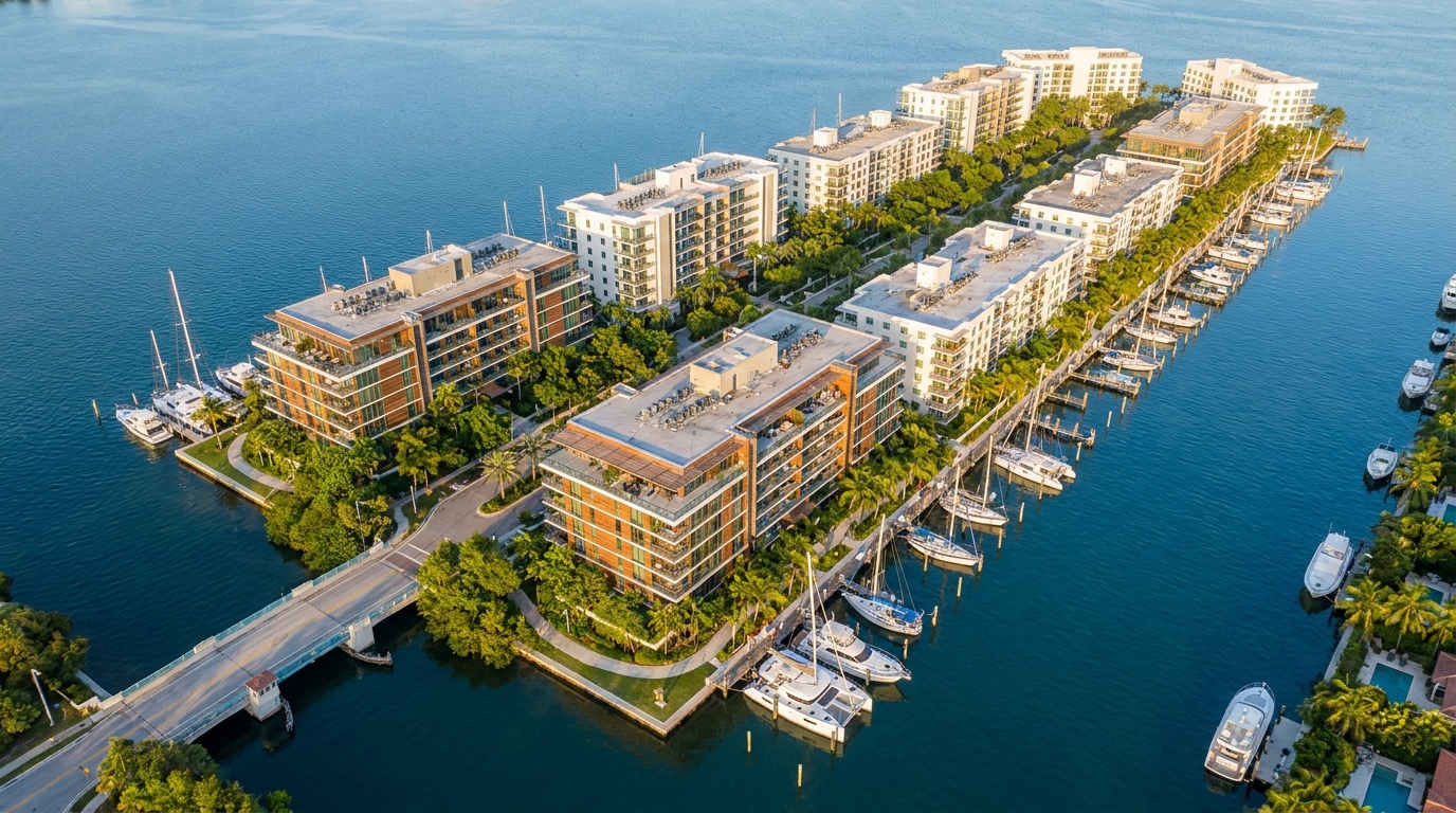 Aerial view of a small Bay Harbor Islands style bay neighborhood with boutique mid-rise condos lining the Intracoastal, private boat docks, and moored yachts