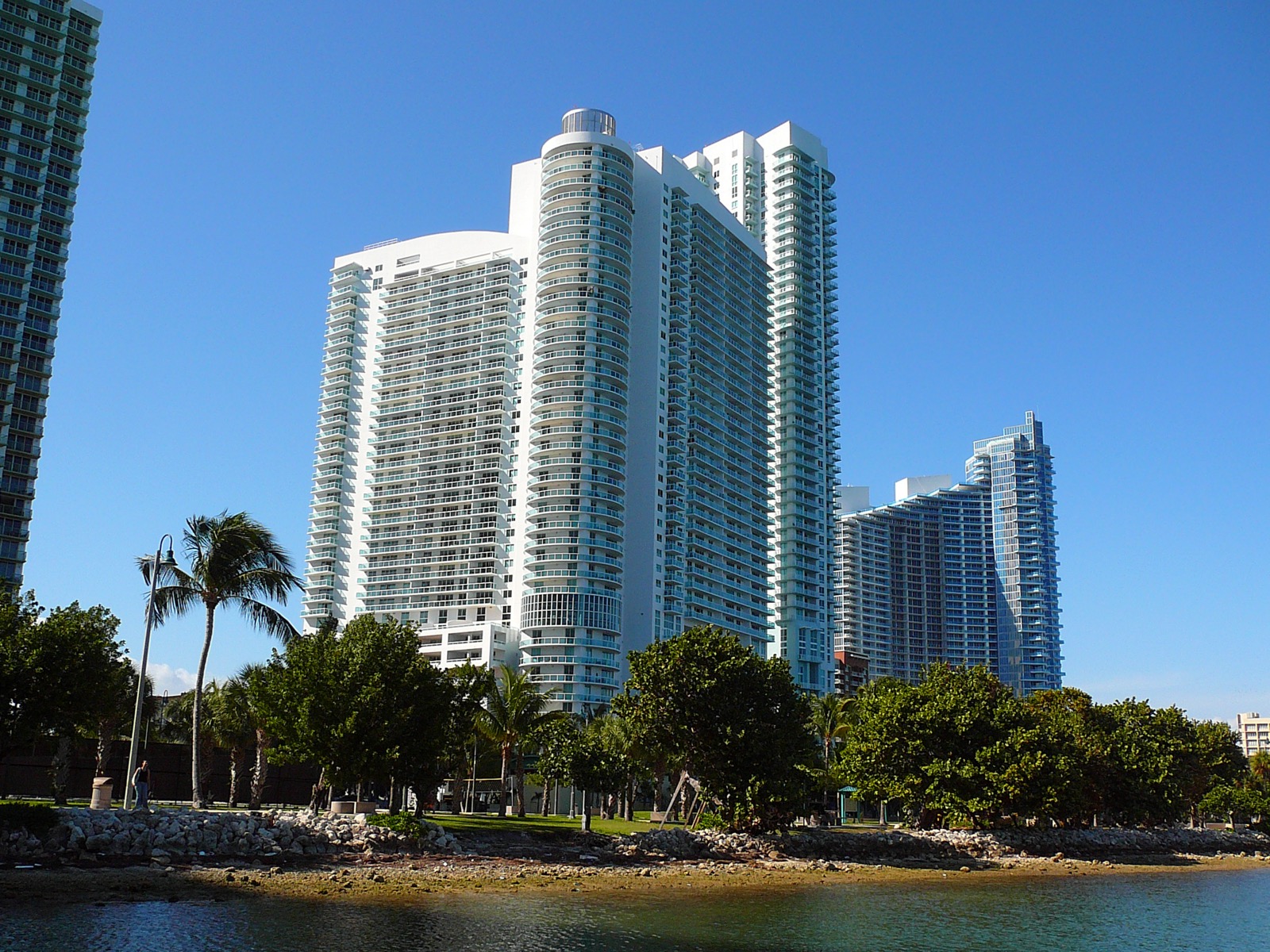 Edgewater bayfront condo towers seen from Biscayne Bay in Miami