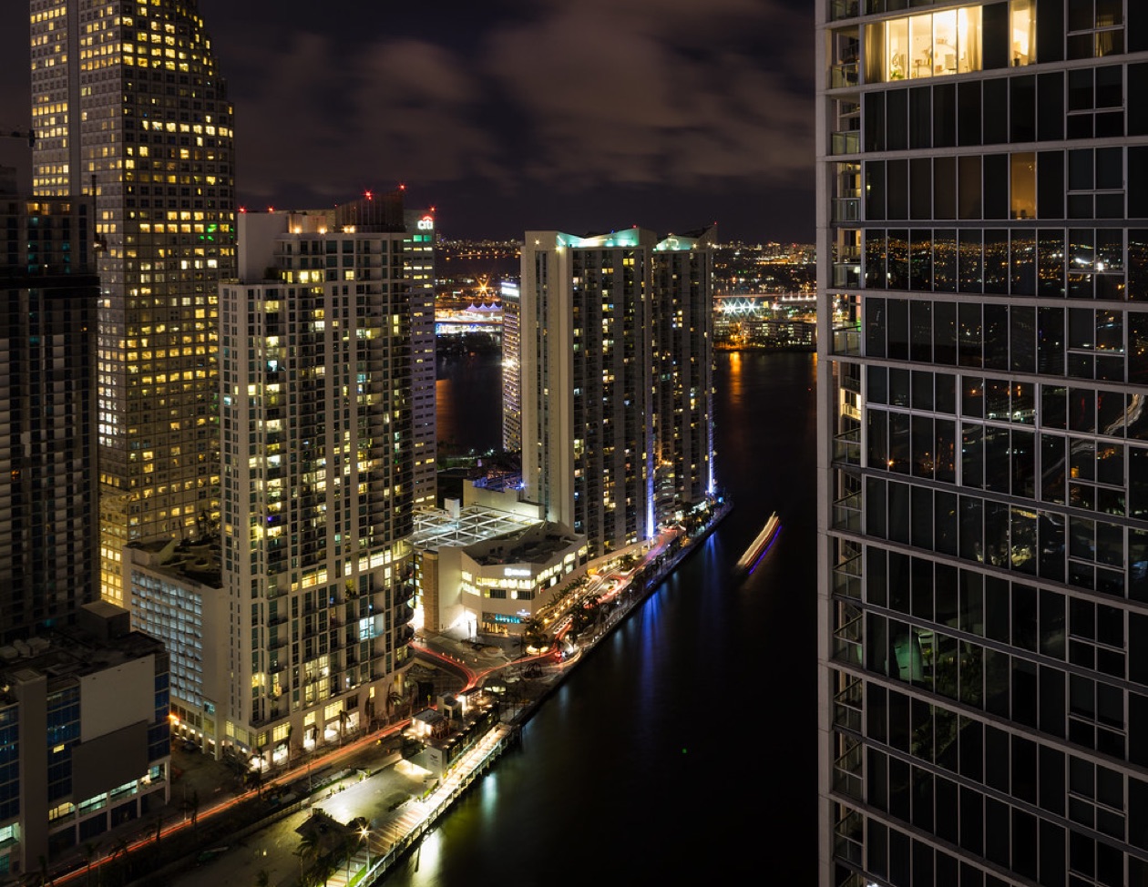 Downtown Miami and the Miami River at night from above