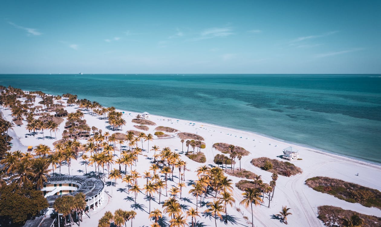 Aerial view of Key Biscayne Miami beach with white sand, turquoise water, and tropical palm trees