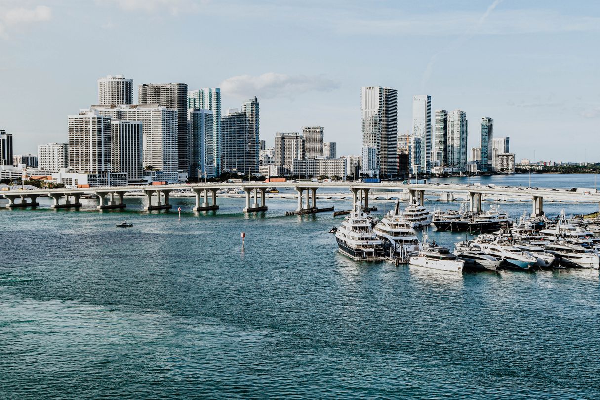 New high-rise luxury condo towers and a marina full of yachts along the Biscayne Bay waterfront in Edgewater Miami