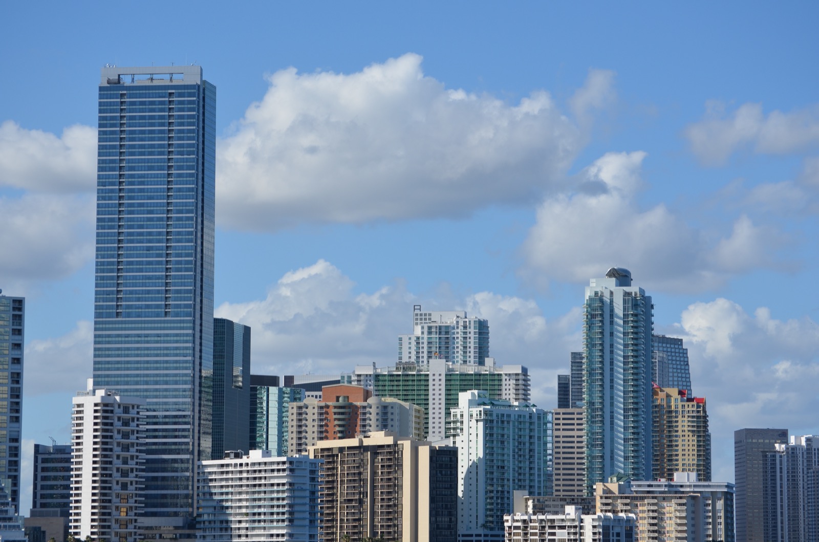Brickell condo tower cluster seen across Biscayne Bay in Miami