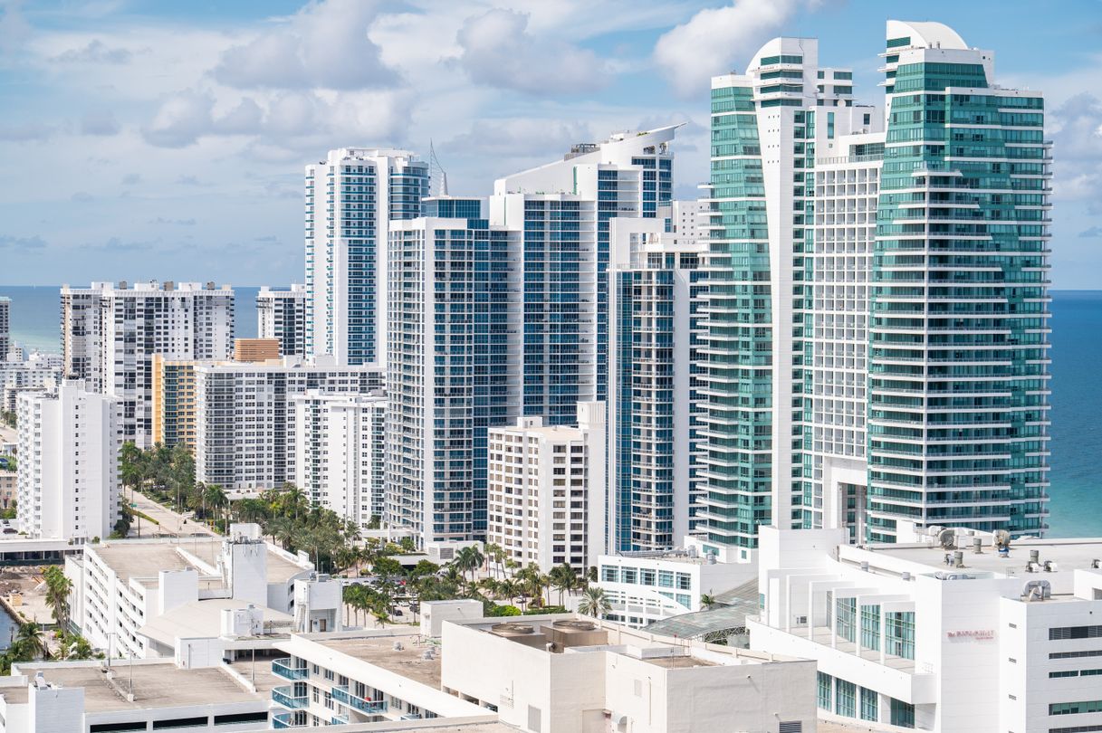 Dense cluster of South Florida oceanfront condominium towers, the resale comparables an appraiser uses to value a new preconstruction unit