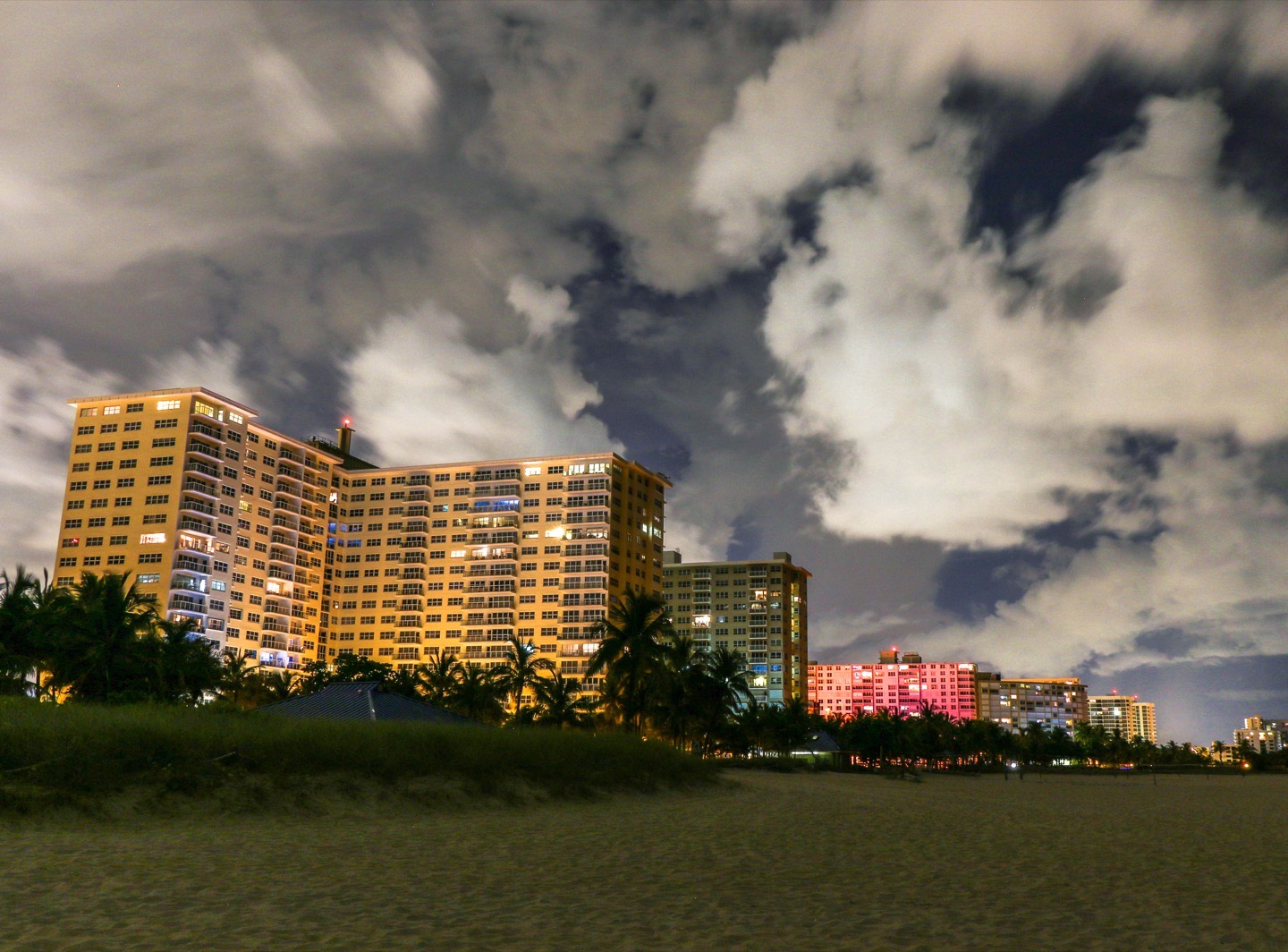 Pompano Beach oceanfront at night along the Atlantic shoreline in Broward County, Florida