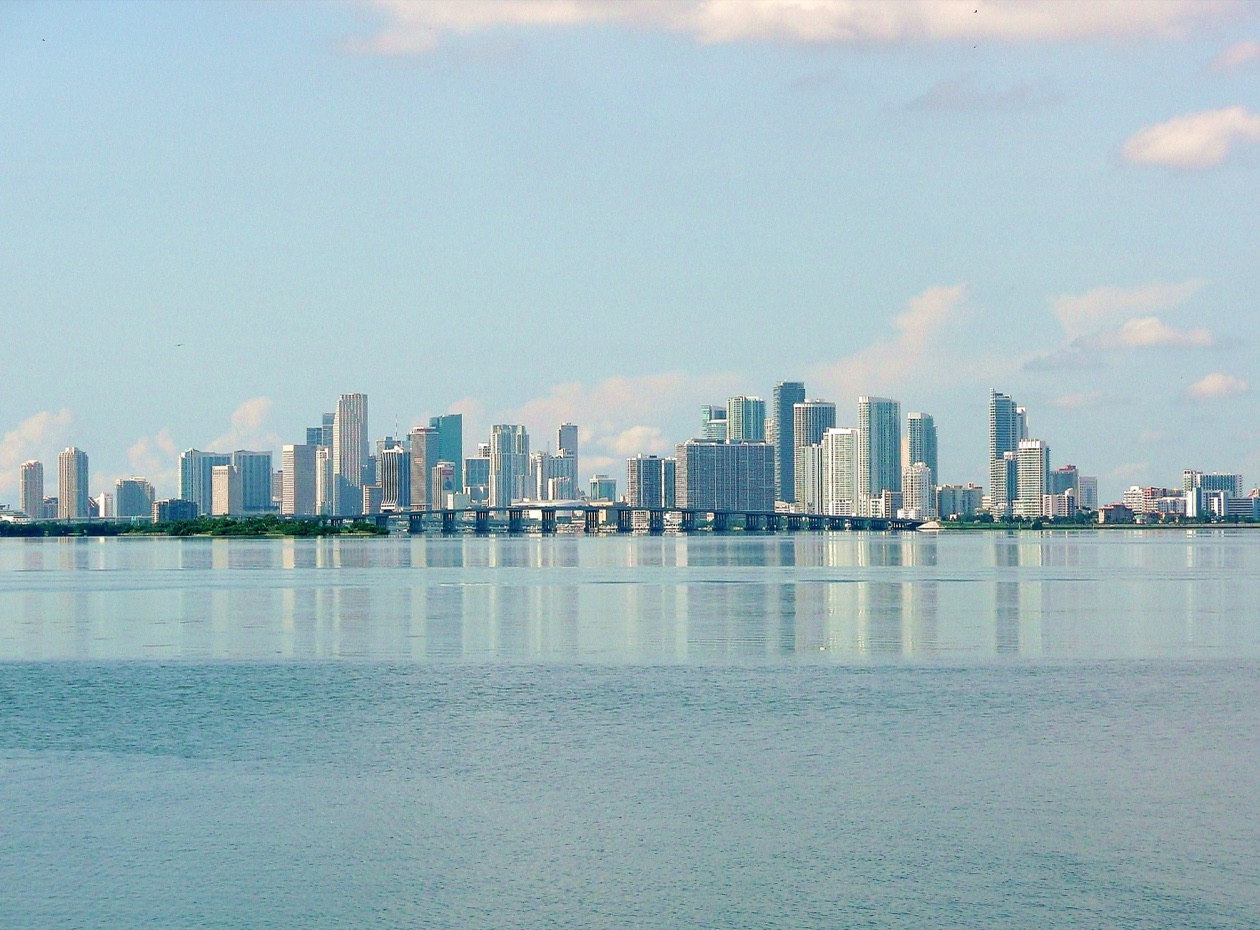 Downtown Miami skyline across Biscayne Bay seen from North Bay Village