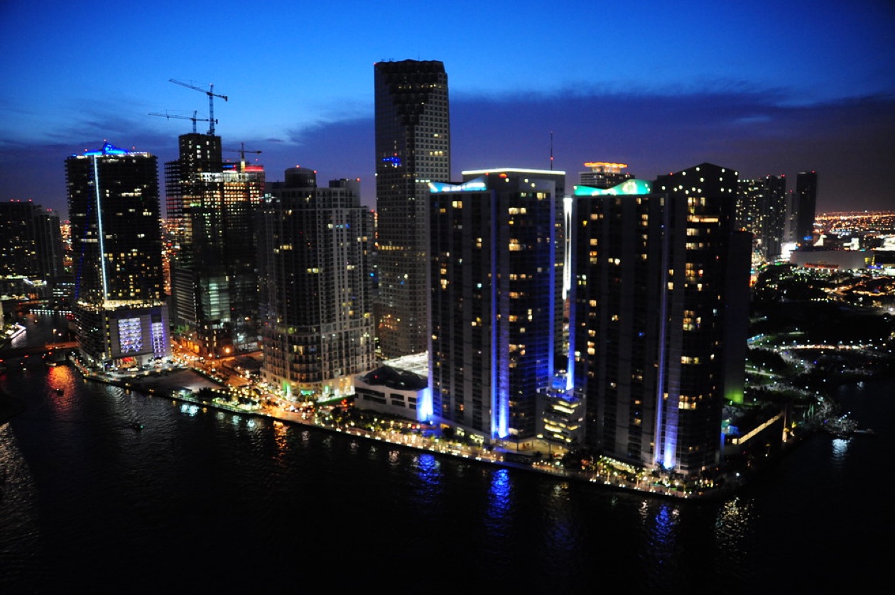 Condo towers at the mouth of the Miami River at night