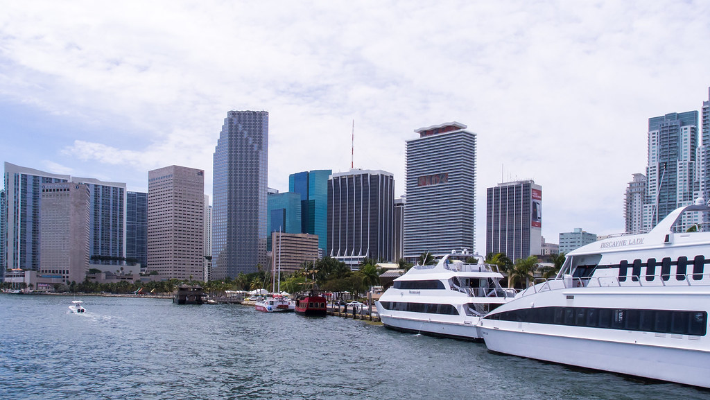 Brickell Key and downtown Miami waterfront condo towers over Biscayne Bay