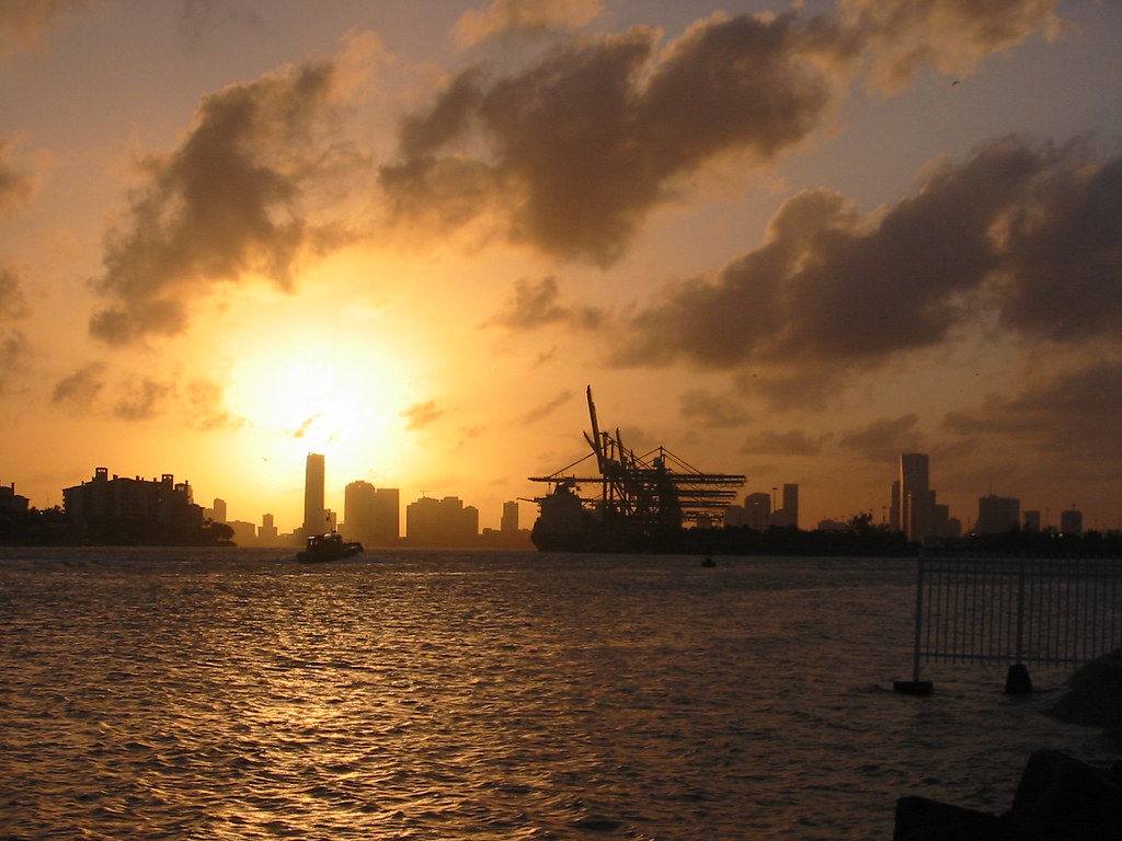 Miami downtown skyline at sunset over Biscayne Bay waterfront