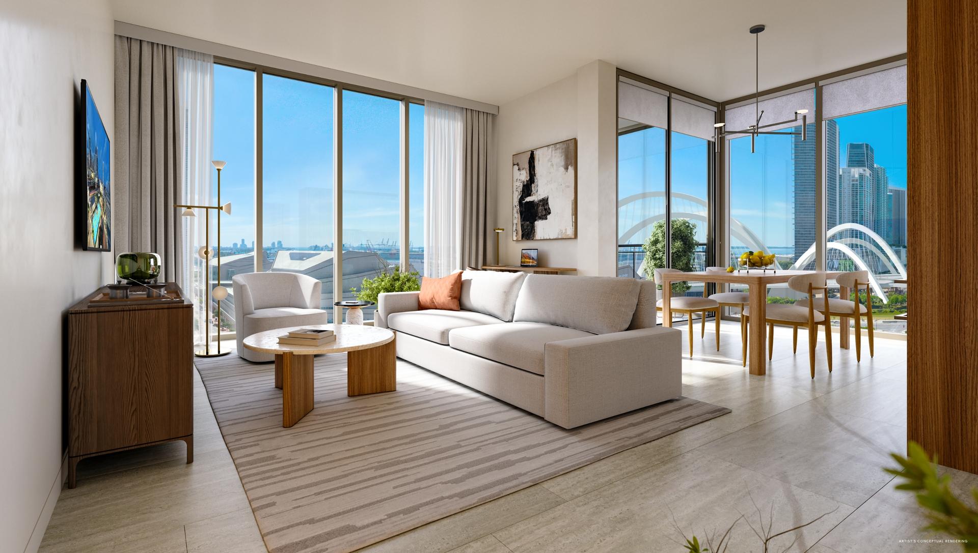Furnished great room rendering inside a 14 ROC residence designed by March and White Design