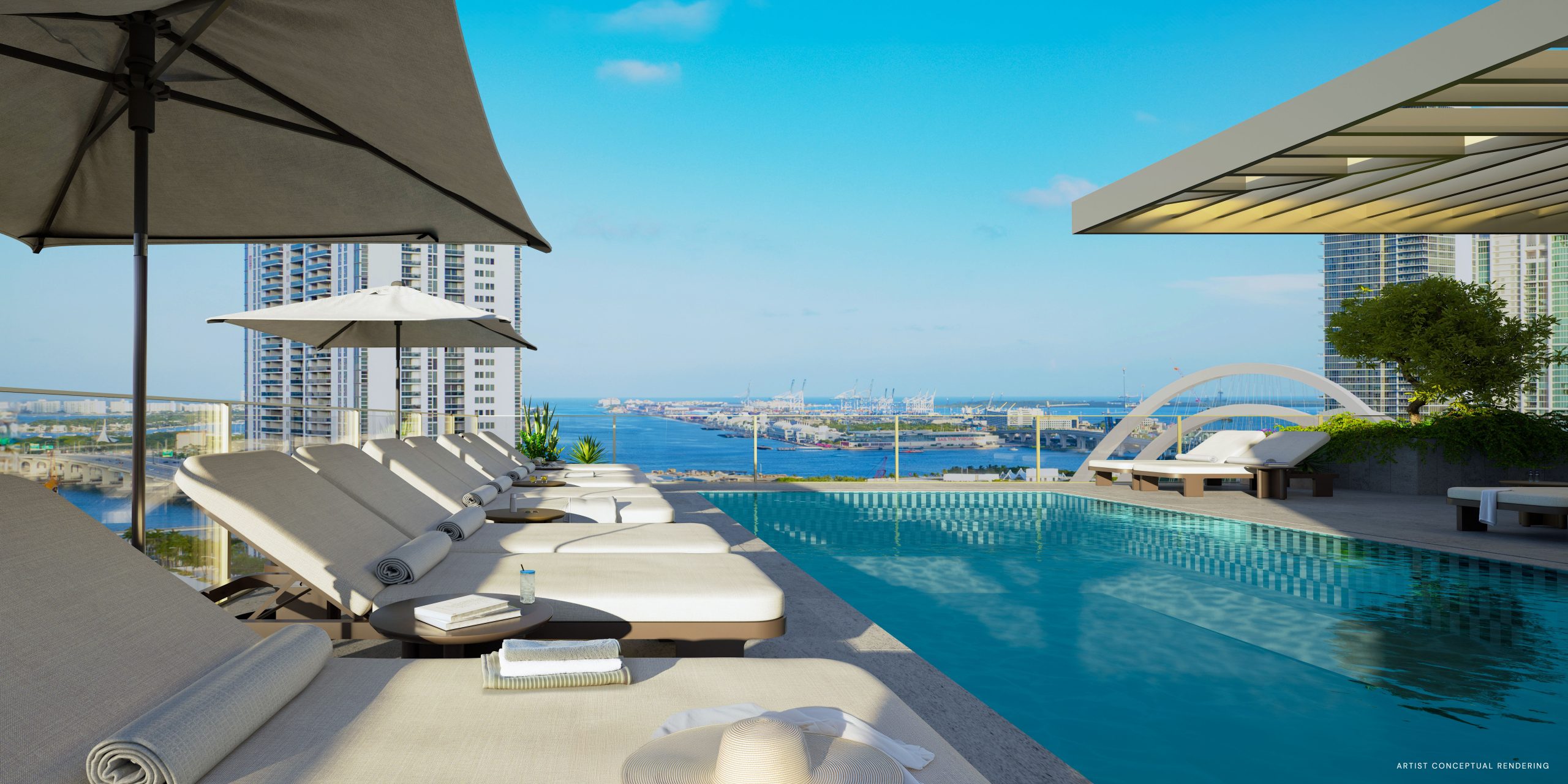Rooftop pool rendering at 14 ROC with Biscayne Bay views
