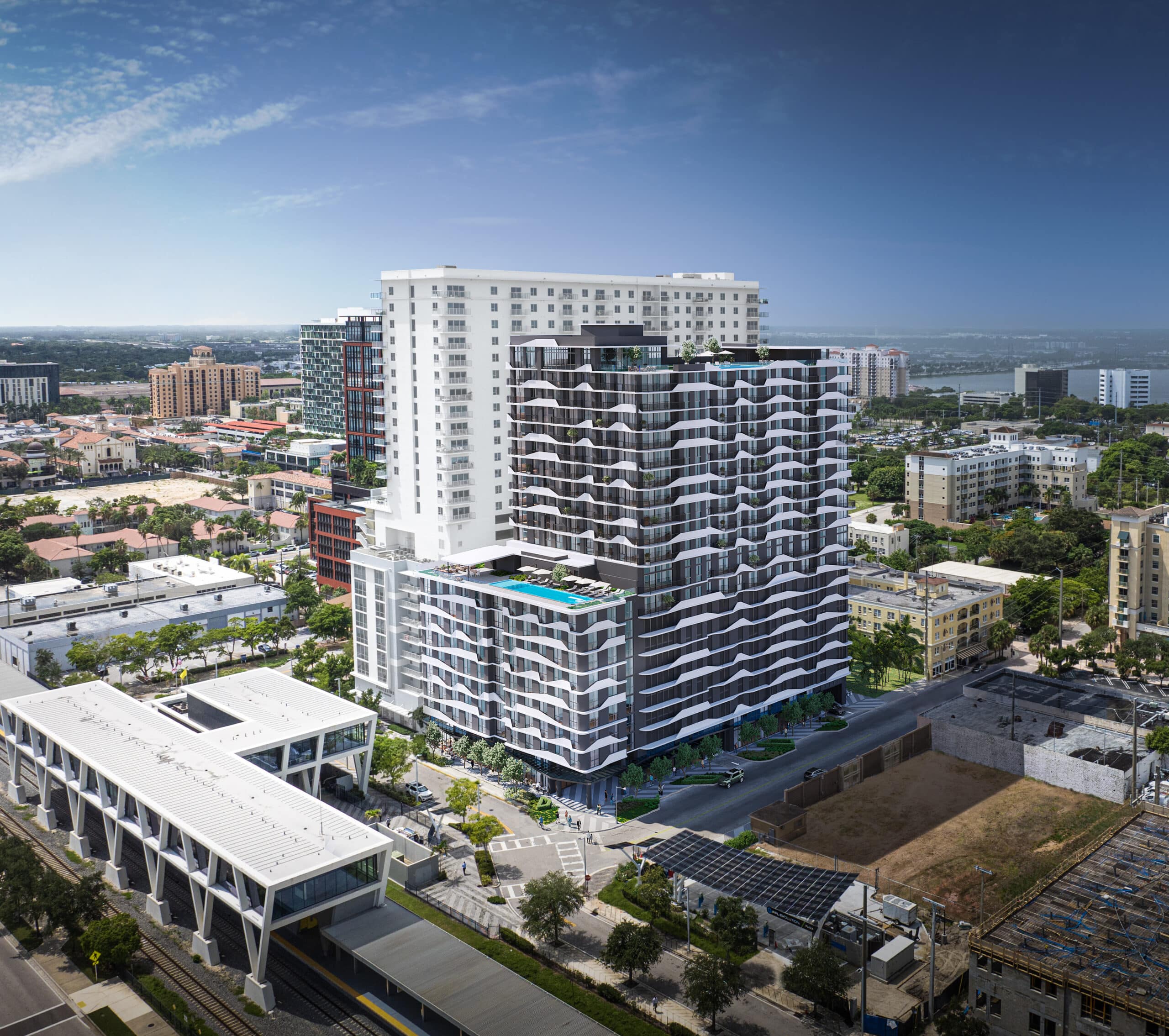 Alida Residences West Palm Beach aerial rendering, 21-story transit-oriented tower at 506 Datura Street