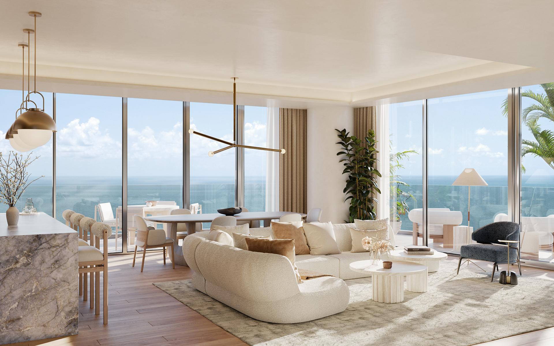 Icon Beach residence living room rendering with floor-to-ceiling glass and water views