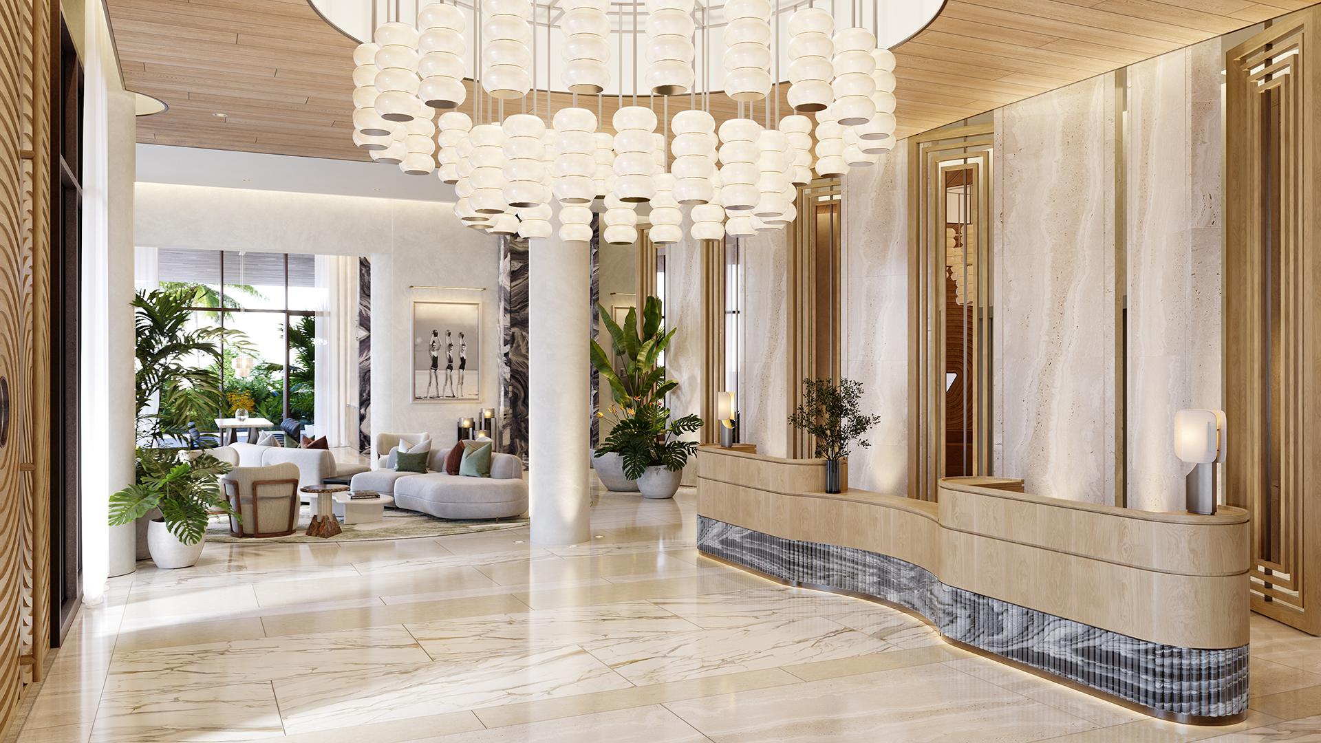 Icon Beach lobby rendering, coastal-toned arrival space in Hollywood Florida