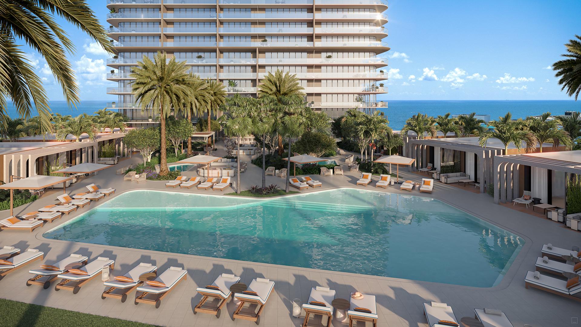 Icon Beach pool deck aerial rendering, oceanfront amenity level in Hollywood Florida