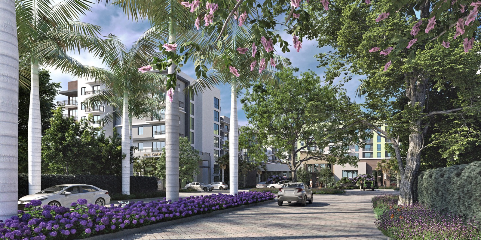 Lakeview at NoMi central landscaped courtyard rendering with pool deck