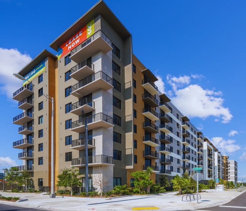 Metro Parc Hialeah transit-oriented development rendering, two-tower mixed-use building at the Hialeah Metrorail station