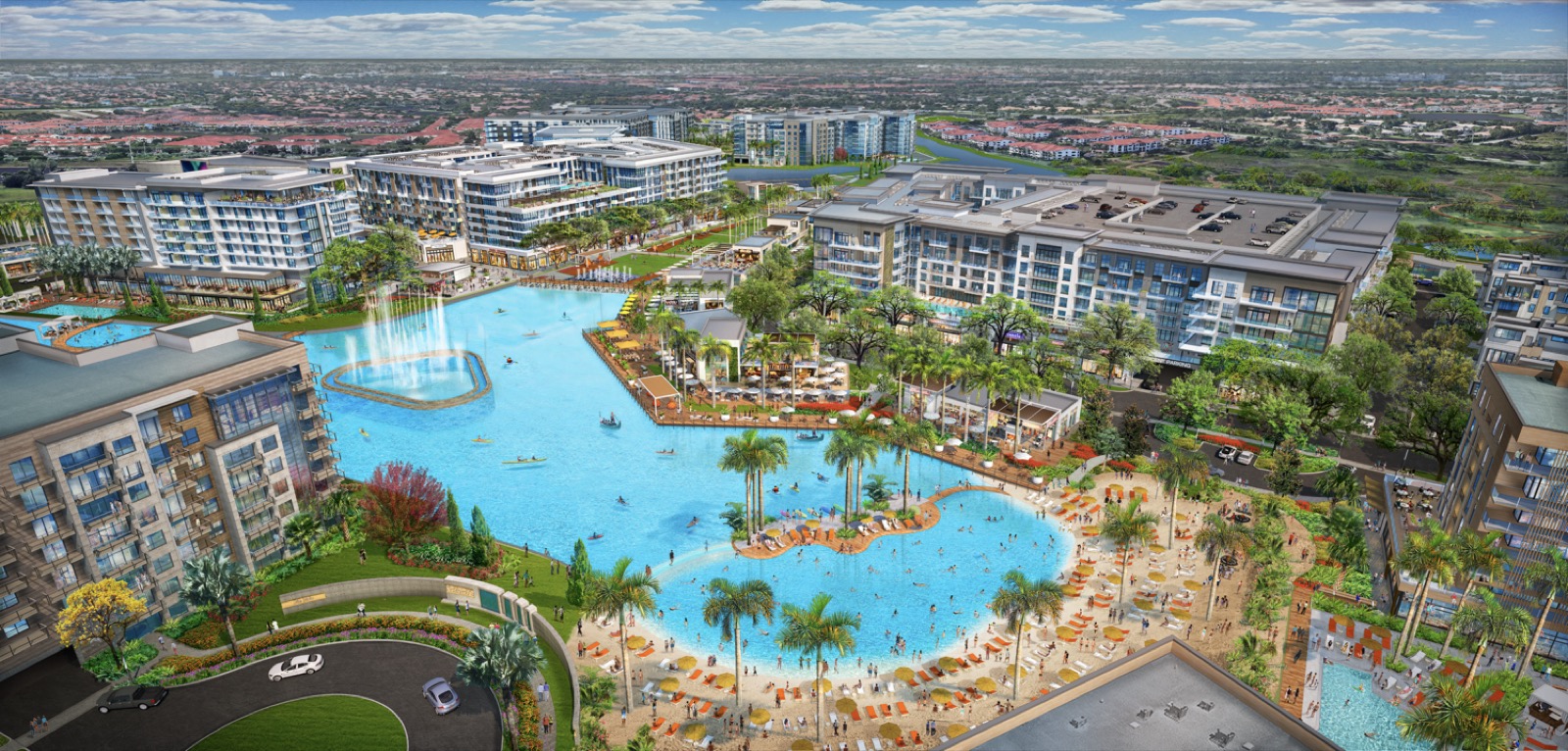 Aerial rendering of Miramar Cove showing the 5.5-acre crystal lagoon and surrounding buildings