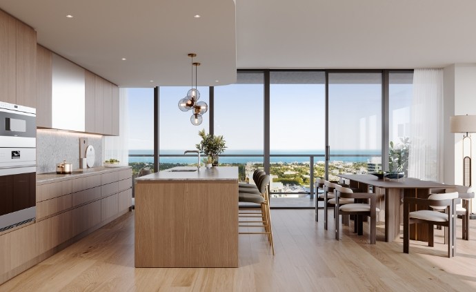 Mr. C Residences West Palm Beach kitchen rendering with Italian cabinetry and premium appliances