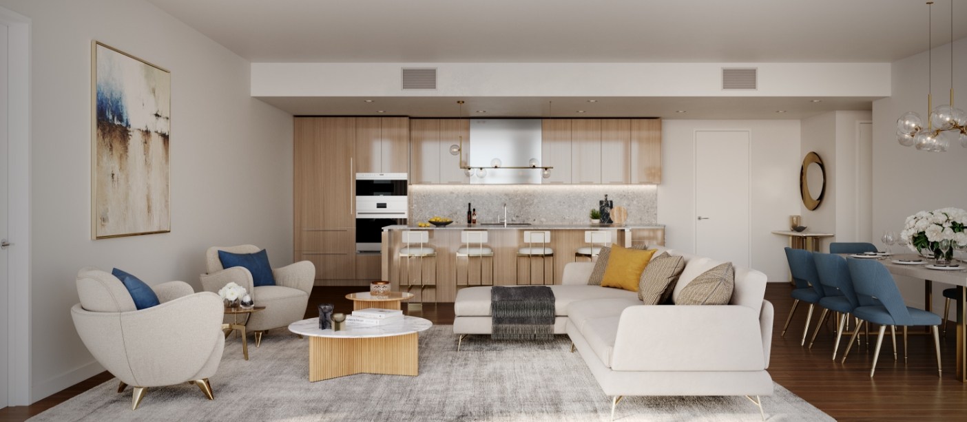 Mr. C Residences West Palm Beach living room rendering with floor-to-ceiling glass