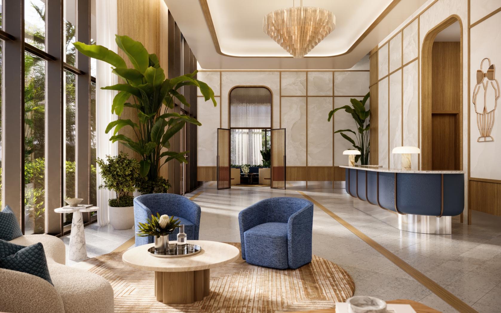Mr. C Residences West Palm Beach residential lobby rendering with lounge seating