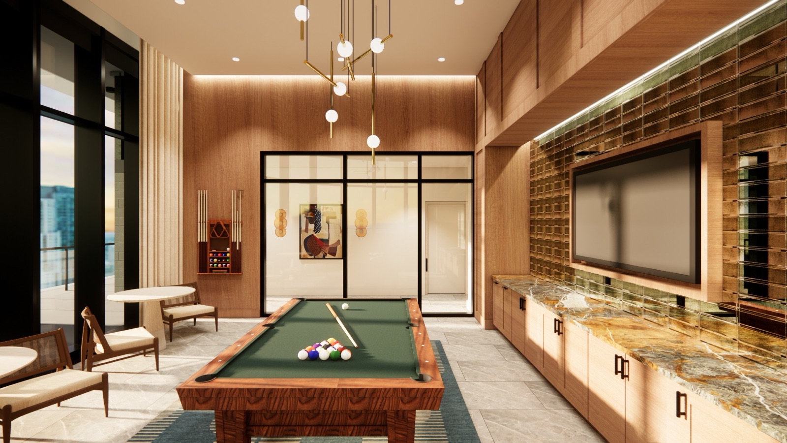 Rendering of the resident game room at Neo Edgewater, Miami