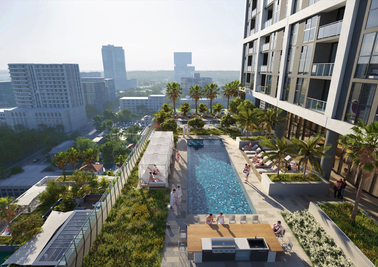 Rendering of the pool deck with cabanas at Neo Edgewater, 2600 Biscayne Boulevard, Miami