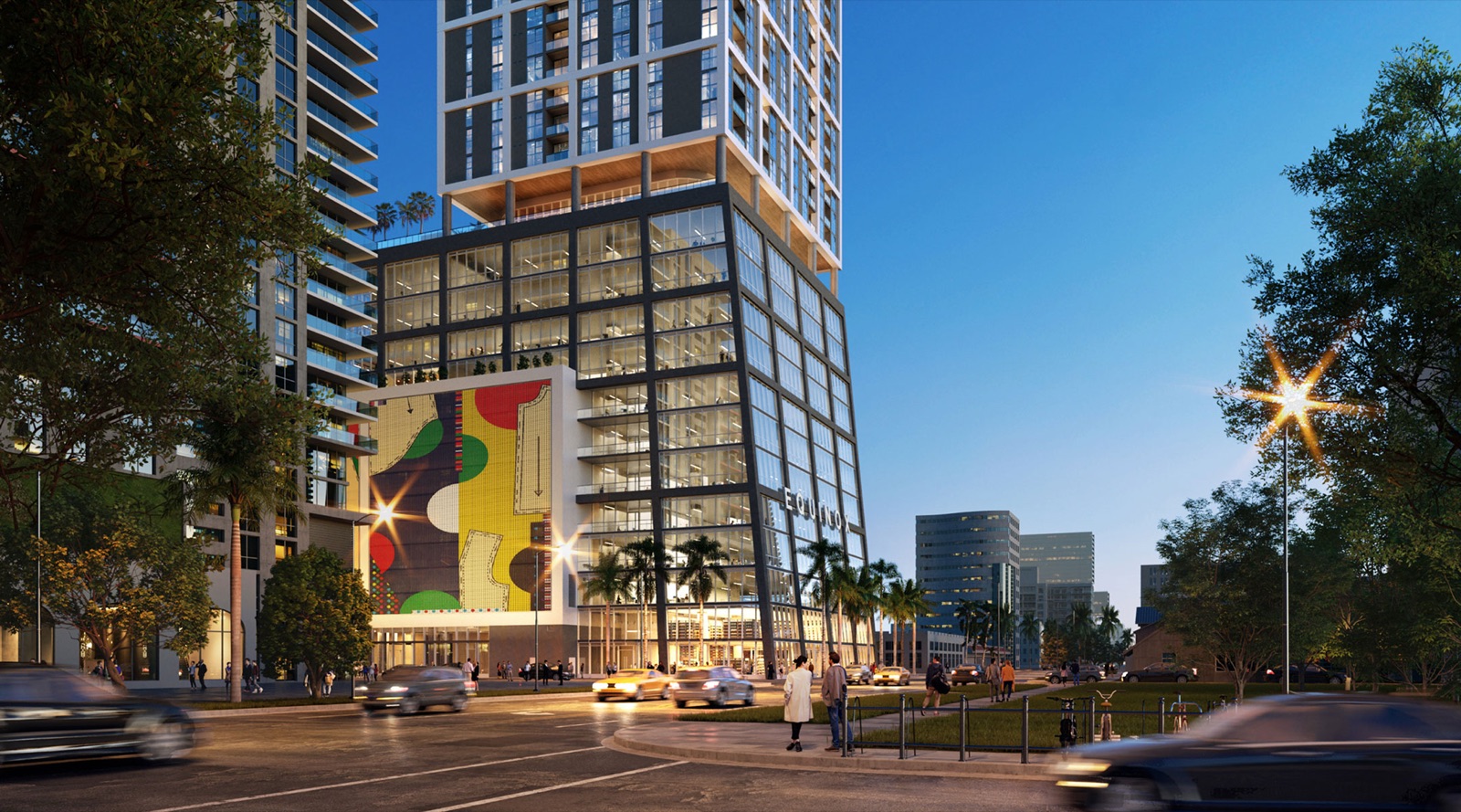 Evening rendering of Neo Edgewater at street level on Biscayne Boulevard, with its mural wall and glass office podium